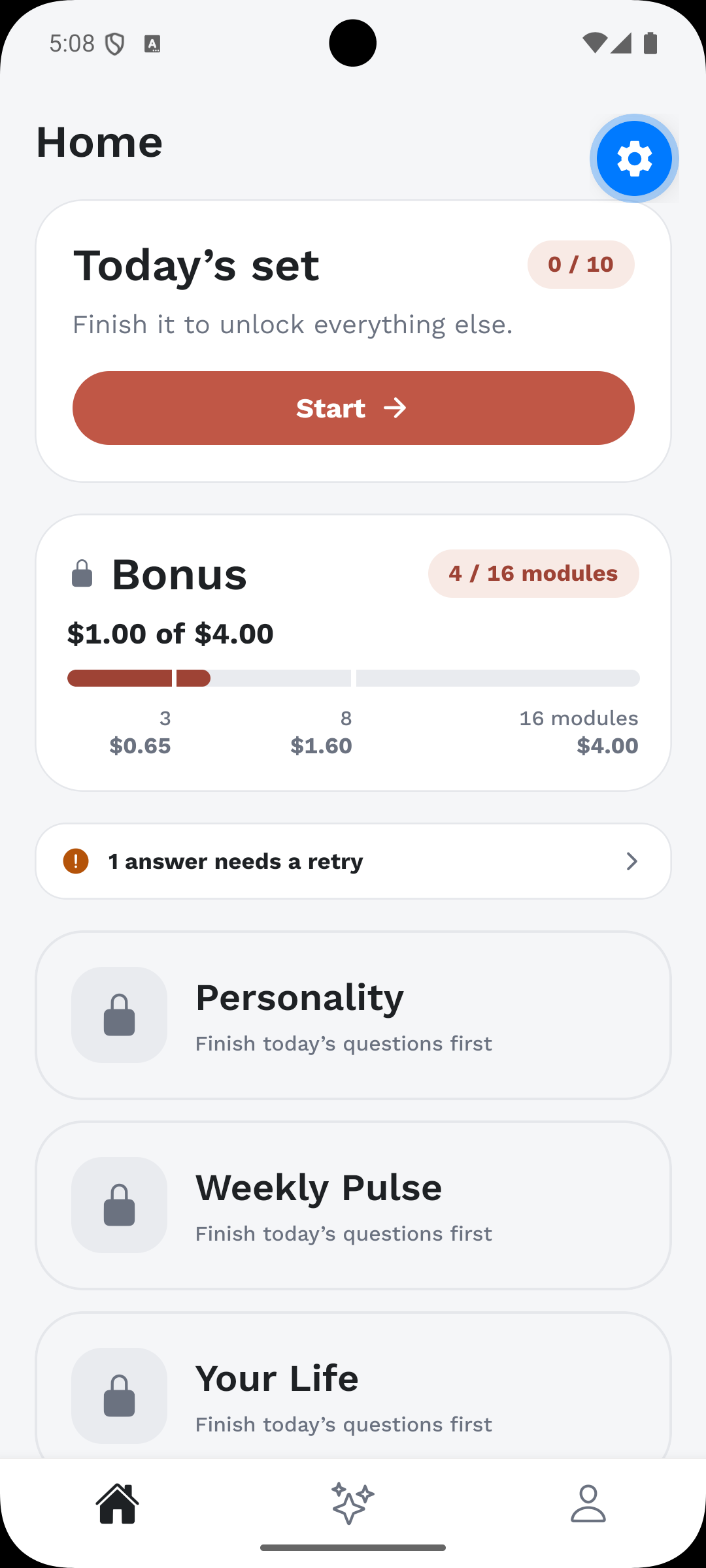 The Rambi home screen, showing today's set and the bonus progress bar